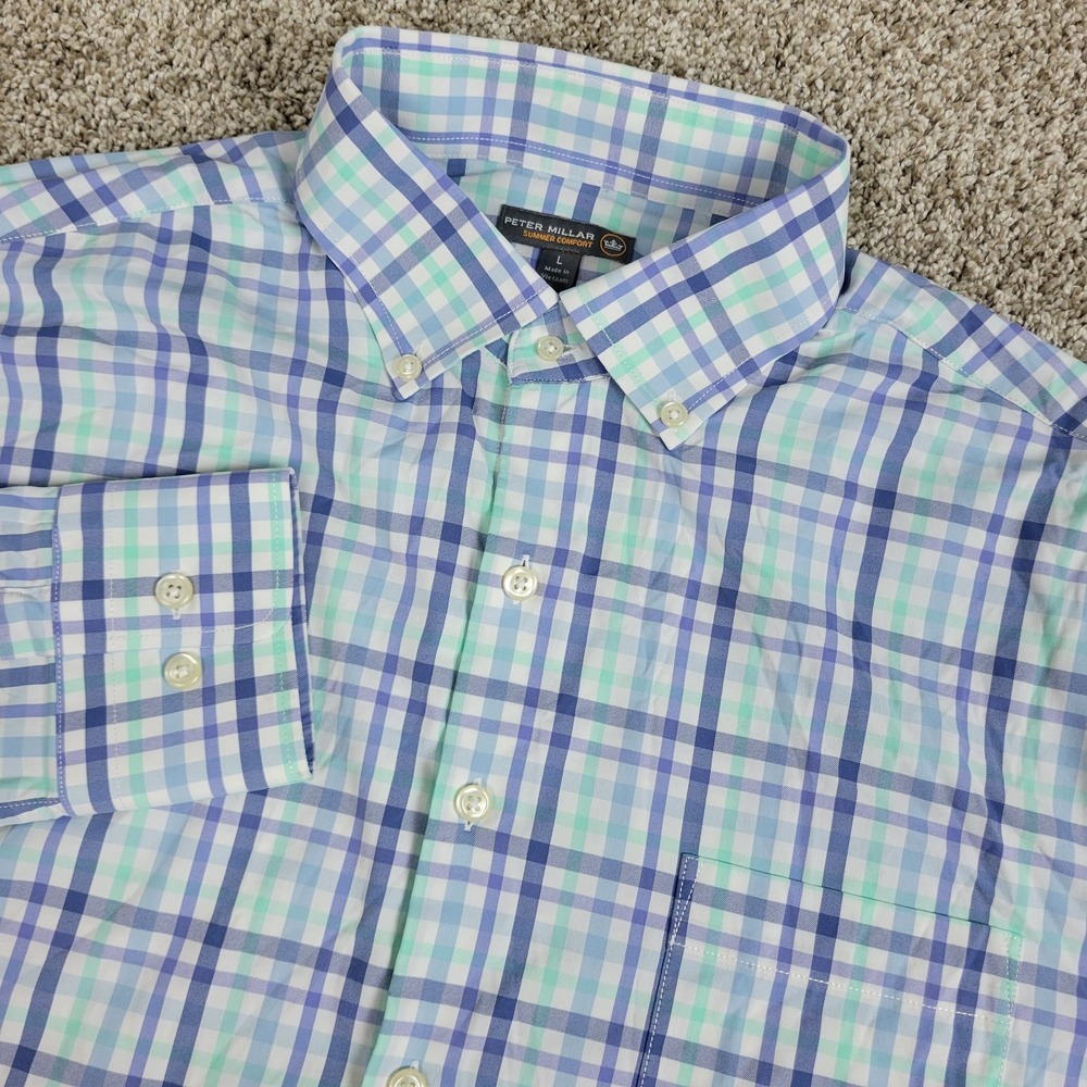 Peter Millar Summer Comfort Mens Large Blue White Plaid Performance Button Down